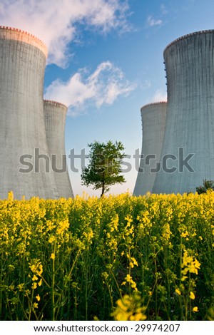 Cooling towers of a nuclear power plant with steam escaping toward the sky.  Flowering landscape in the foreground, and a single tree growing between the two sets of towers.