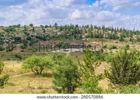 Israel landscape, forest, mountains with cave in Israel. Modiin