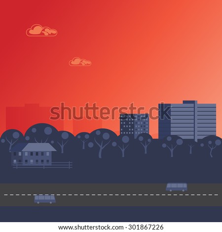 Sunset city landscape. Vector illustration.