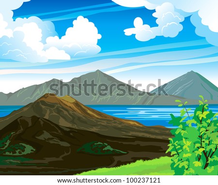 Summer landscape with volcano Batur and blue lake on a cloudy sky. Indonesia, Bali.