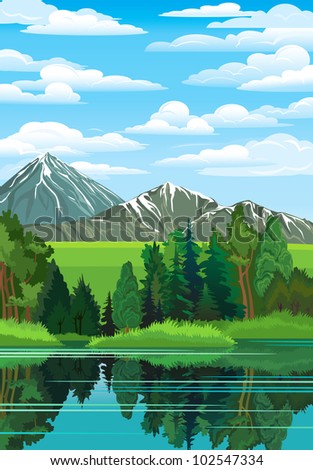 Summer landscape with green forest, river and mountains on a blue cloudy sky