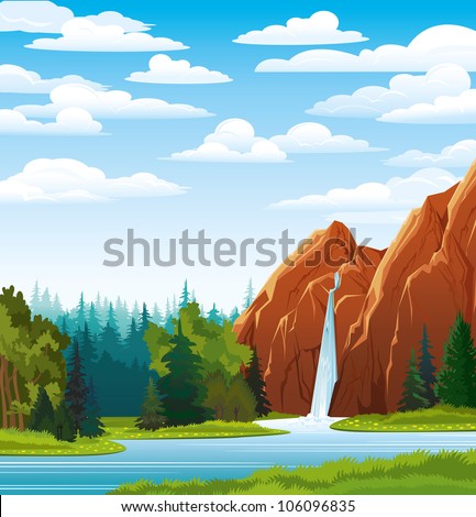 Summer green landscape with beautiful waterfall and forest on a blue cloudy sky