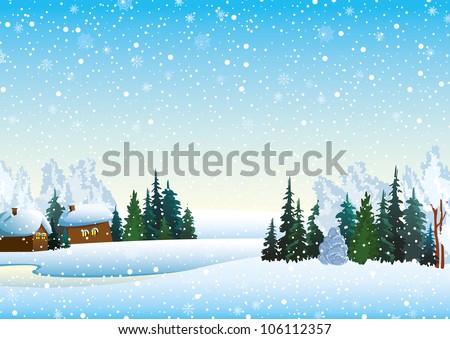 Winter landscape with houses, forest and frozen lake