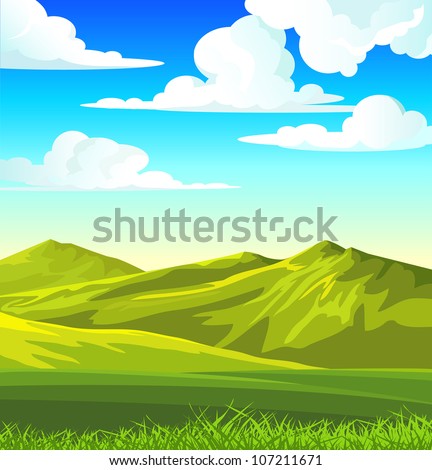 Summer landscape with green meadow and grass on a blue cloudy sky