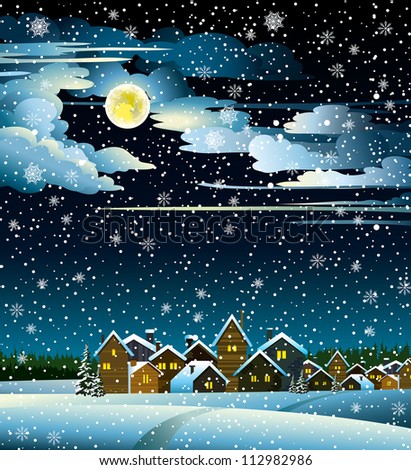 Winter landscape with snow houses, forest and fool moon