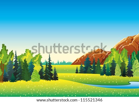 Summer landscape with green meadow, forest, mountain and river on a blue sky