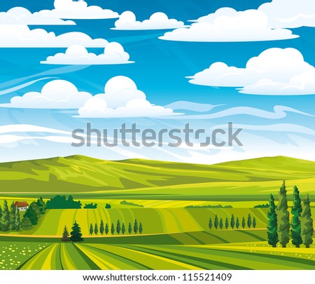 Green summer landscape with meadows and trees on a cloudy sky