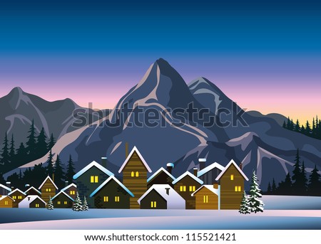 Winter landscape with snow houses and mountains