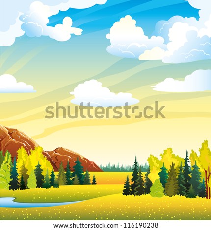 Autumn landscape with yellow meadow, forest, mountain and lake on a cloudy sky