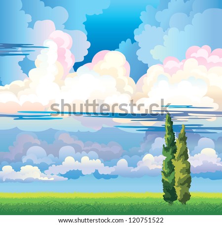 Summer landscape with group of clouds on a blue sky. two cypress and green meadow