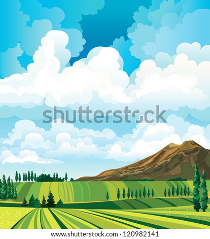 Summer landscape with green meadow, cypress, mountain and group of clouds on a blue sky background