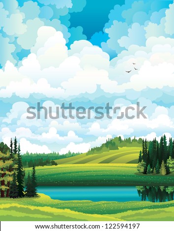 Green vector summer landscape with forest, river and hill on a cloudy sky background