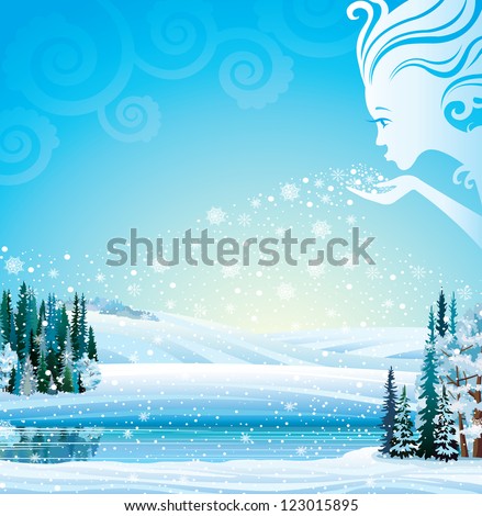 Winter-Girl blows snowflakes in the trees, fields and a lake. Vector magical winter landscape.