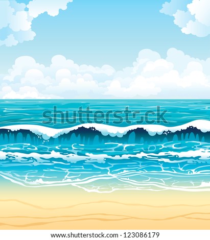 Summer Vector Landscape - Turquoise Sea With Waves And Sandy Beach On A Blue Sky With White Clouds