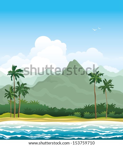 Tropical Landscape With Green Palms, Beach And Blue Sea. Asian Nature.