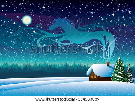 Vector Winter Landscape With Snow Hut And Magic Horse Silhouette On A Starry Night Background.