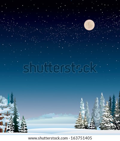 Winter night landscape with snow covered trees and starry sky.