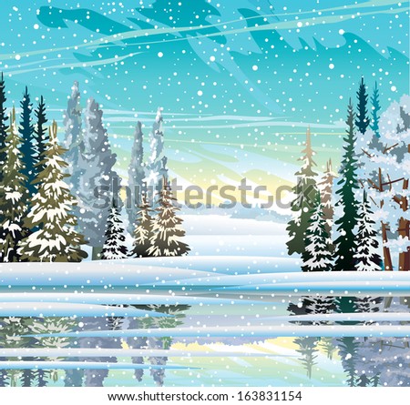 Winter landscape with forest, lake and snowfall