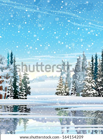 Winter landscape with forest, lake and snowfall