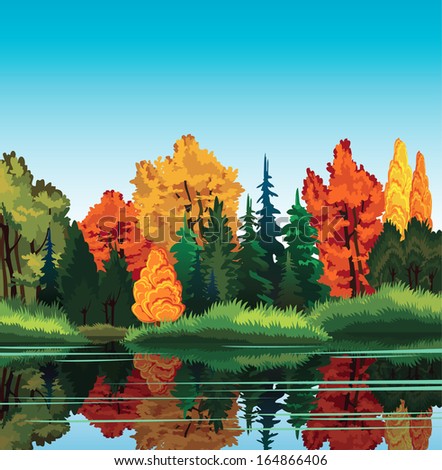 Autumn nature landscape with forest and lake.