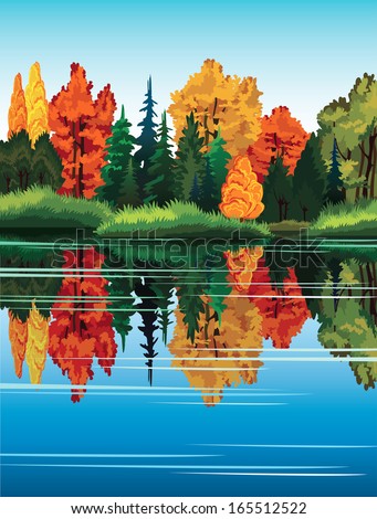 Autumn nature landscape with colored forest and lake.