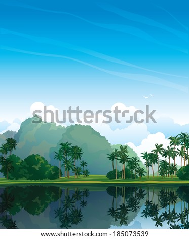 Tropical landscape with palms and reflection in the lake on a blue sky. Nature vector.