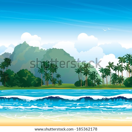 Tropical landscape with blue sea, waves and palms on a cloudy sky. Nature vector.