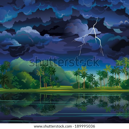 Stormy clouds with lightning and coconut palms near the lake. Nature tropical landscape.