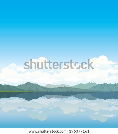 Gray mountains and group of clouds with reflection at the lake on a blue sky. Nature vector.