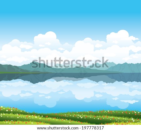Green grass with red flowers and blue lake on a mountains background. Nature vector landscape.