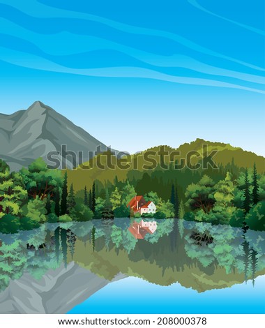 Summer landscape with green forest and house with red roof reflecting in calm lake. Nature vector.