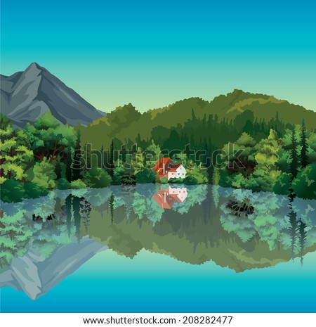 Summer landscape with green forest and house with red roof reflecting in the calm lake. Nature vector.
