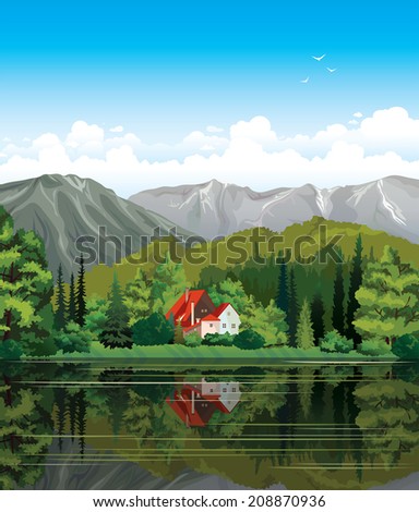 House with red roof and green forest reflecting in the calm lake. Nature summer vector landscape.
