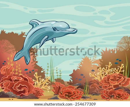 Cartoon funny dolphin and underwater coral reef on a blue sea background. Vector mammal animal.