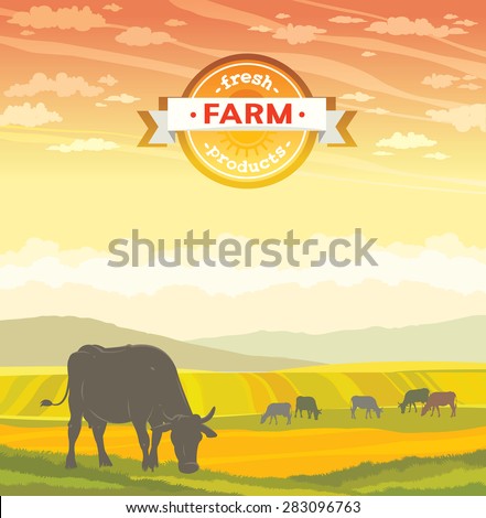 Silhouette of cow and rural landscape on a sunset sky. Vector of fresh farm products.