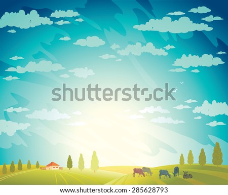 Herd of cows and green field on a cloudy sky background.Vector rural summer landscape.