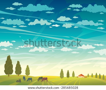 Rural summer landscape - herd of cows and green field with trees on a cloudy sky background. Vector nature illustration.