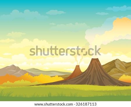 Nature vector illustration - smoky volcanoes, mountains and green grass on a blue cloudy sky. Summer landscape.