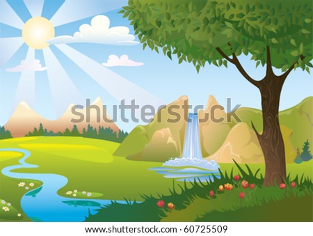 Summer landscape with a waterfall, mountains and big tree