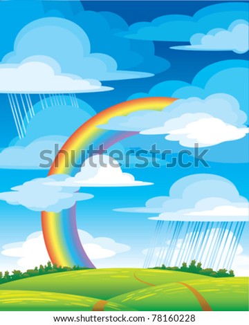 Landscape with bright rainbow, green meadow and blue cloudy sky
