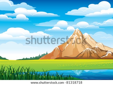 Green landscape with meadow, blue lake and mountains on a cloudy sky background