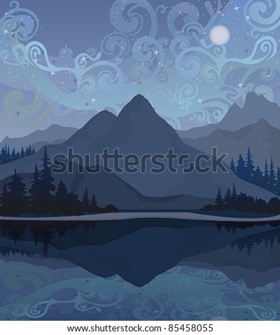 Vector night landscape with mountains, lake and forest on a starry sky background