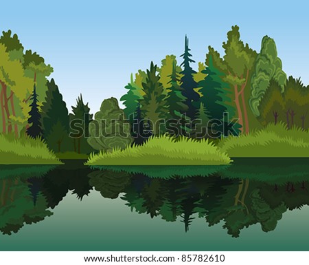 Vector landscape with green trees and blue lake on a sky background