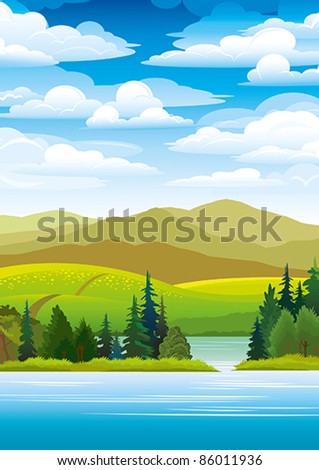 Green landscape with mountains, trees and blue lake on a sky background