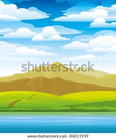 Green landscape with meadow, mountains and river on a cloudy sky background