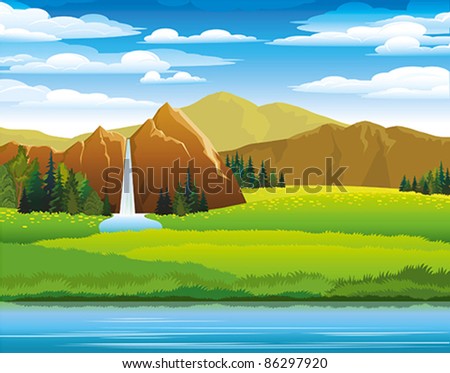 Green landscape with meadow, mountains and waterfall on a cloudy sky background