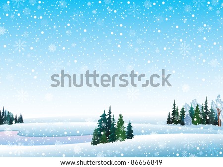 Vector winter landscape with frozen lake, forest and snowfall