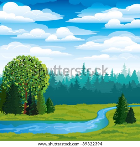 Vector landscape with green grass, forest and blue river on a sky background