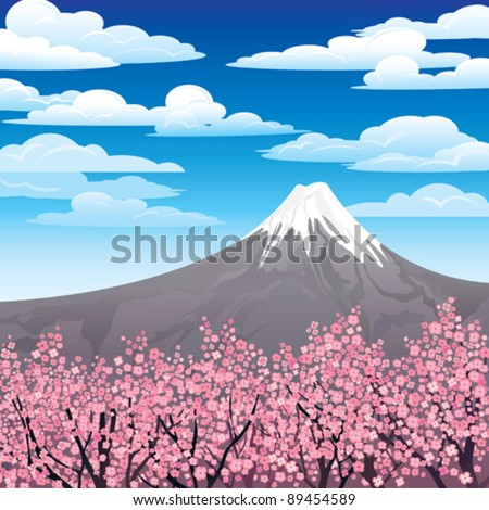 Landscape with volcano and pink japanese trees on a cloudy sky