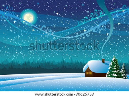 Vector winter landscape with snow house, forest and light moon